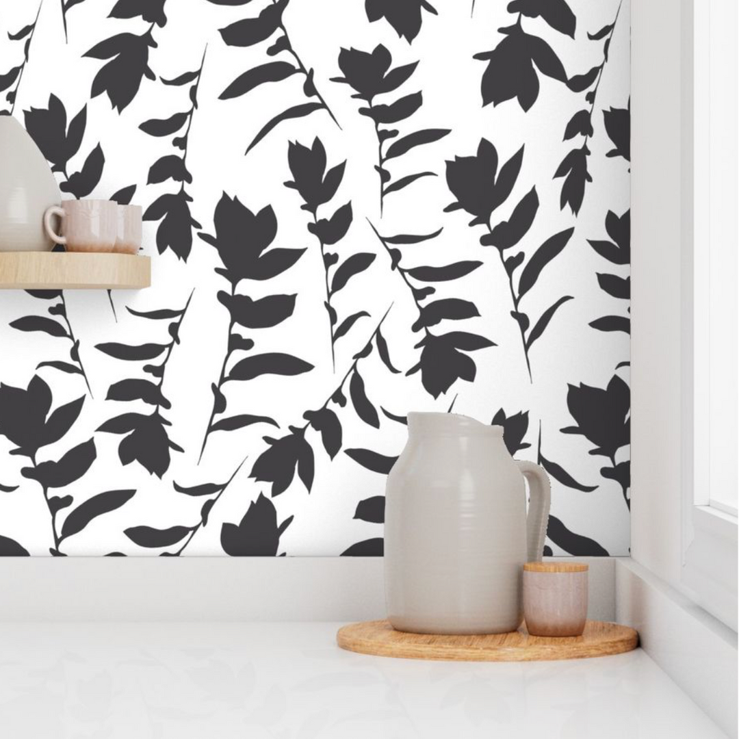 White & Black Carla's Leaves Peel and Stick Wallpaper