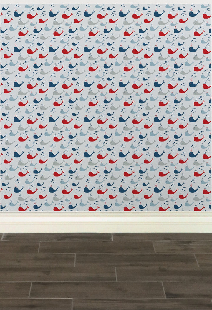Blue and Red Whales Nautical Peel and Stick Wallpaper