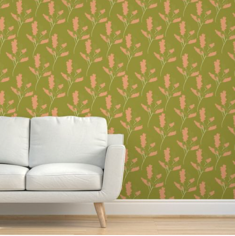 Wicker Park 03 Design - Green and Tangerine Orange Floral Wallpaper