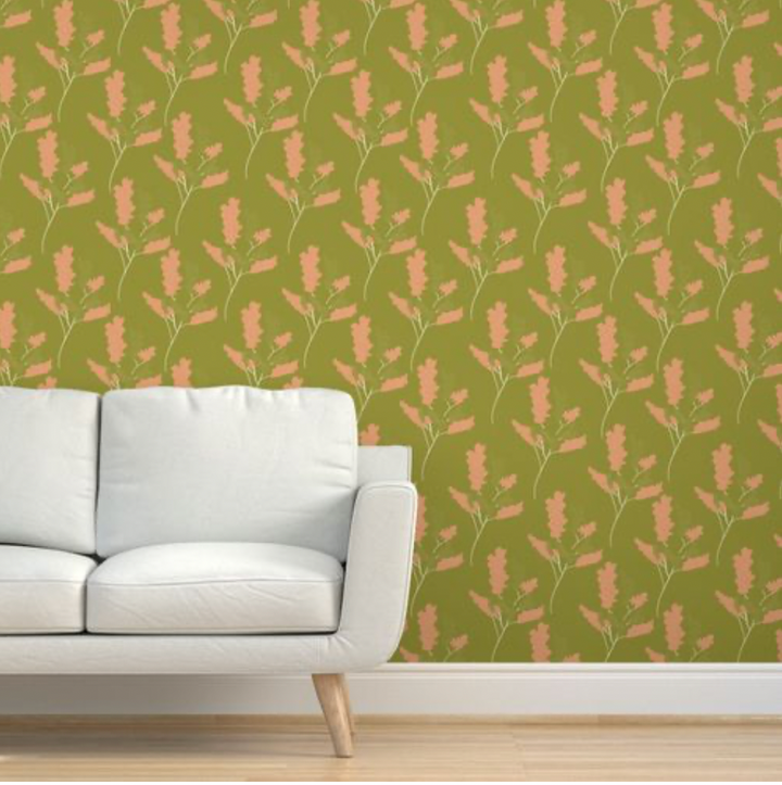 Wicker Park 03 Design - Green and Tangerine Orange Floral Wallpaper