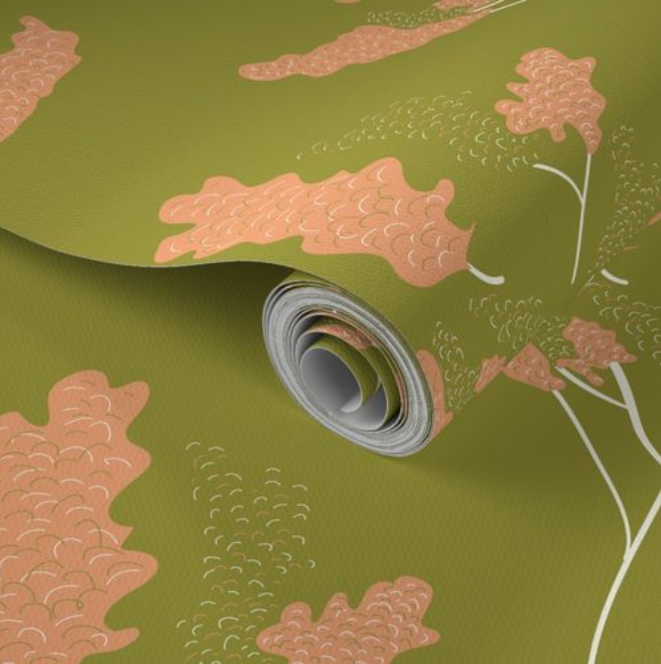 Wicker Park 03 Design - Green and Tangerine Orange Floral Wallpaper