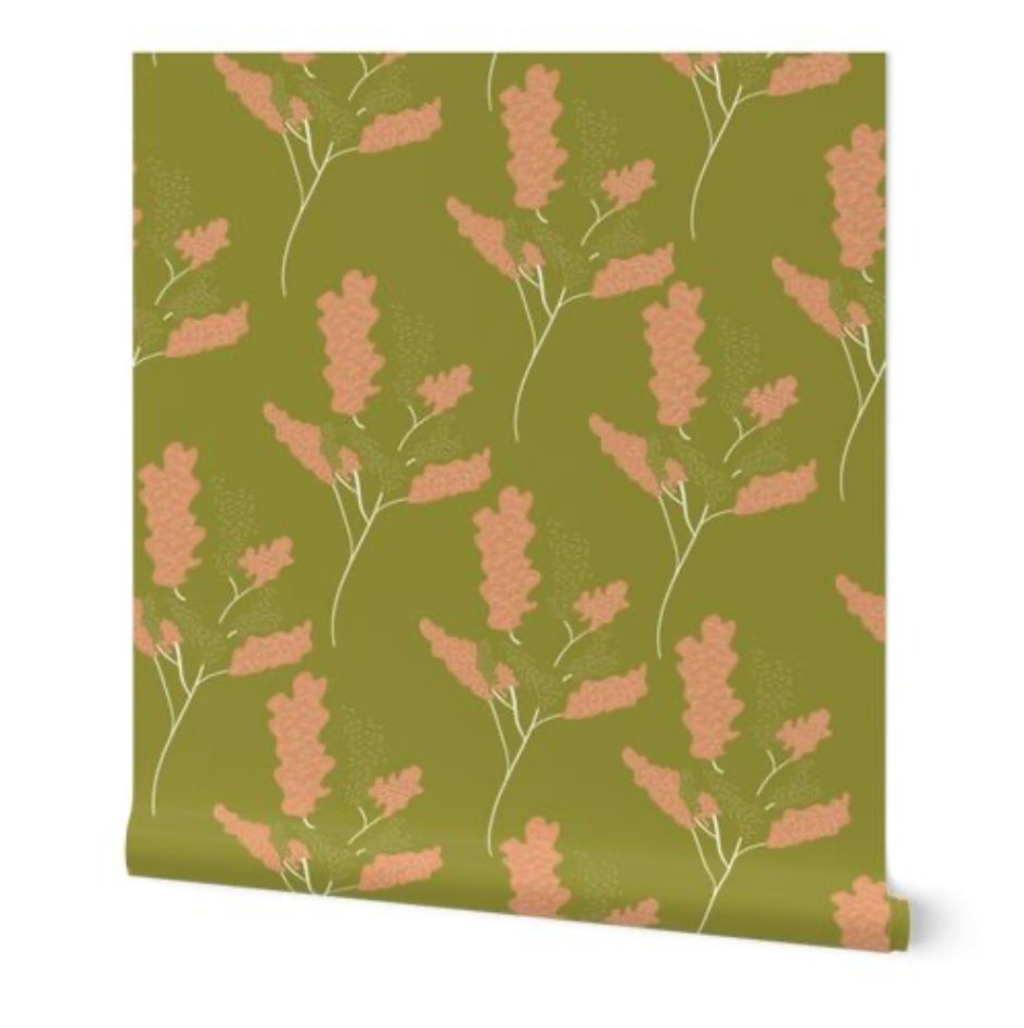 Wicker Park 03 Design - Green and Tangerine Orange Floral Wallpaper