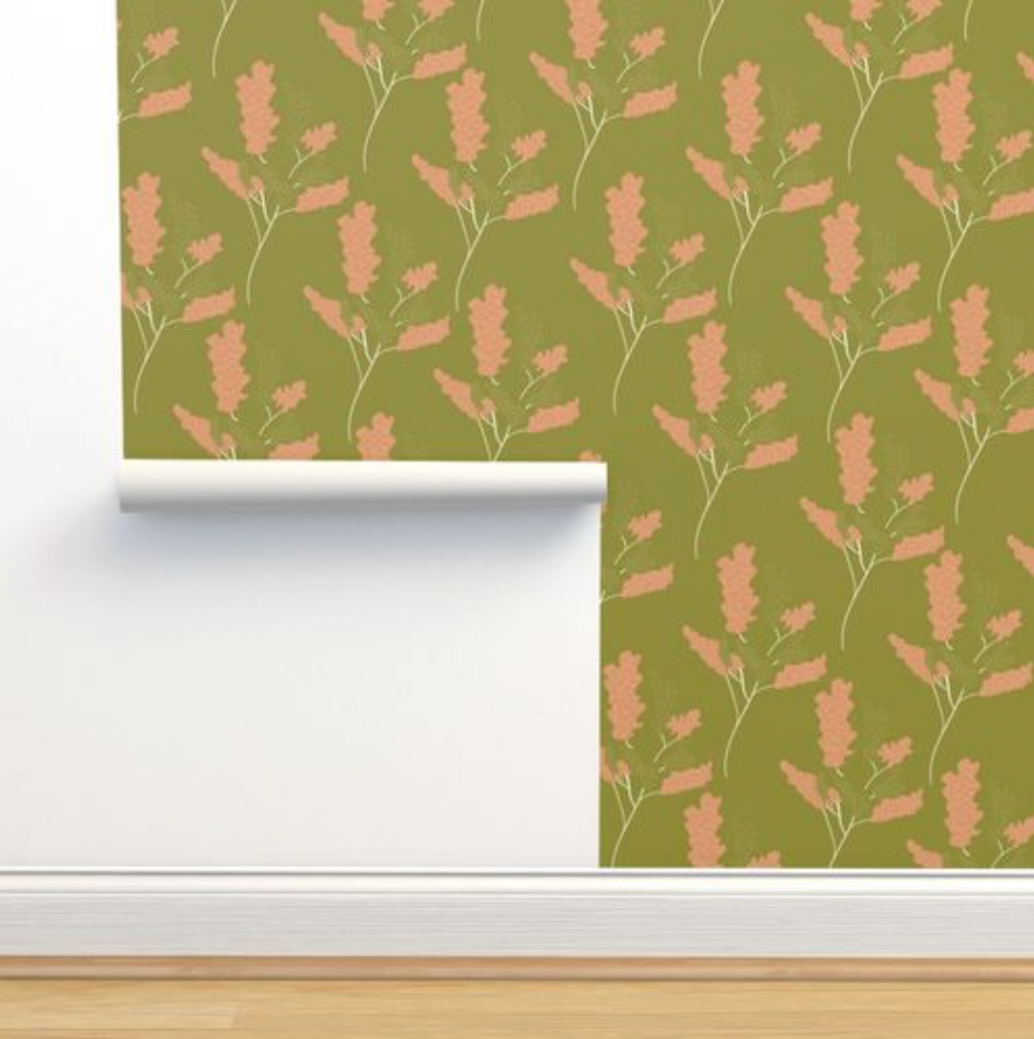 Wicker Park 03 Design - Green and Tangerine Orange Floral Wallpaper