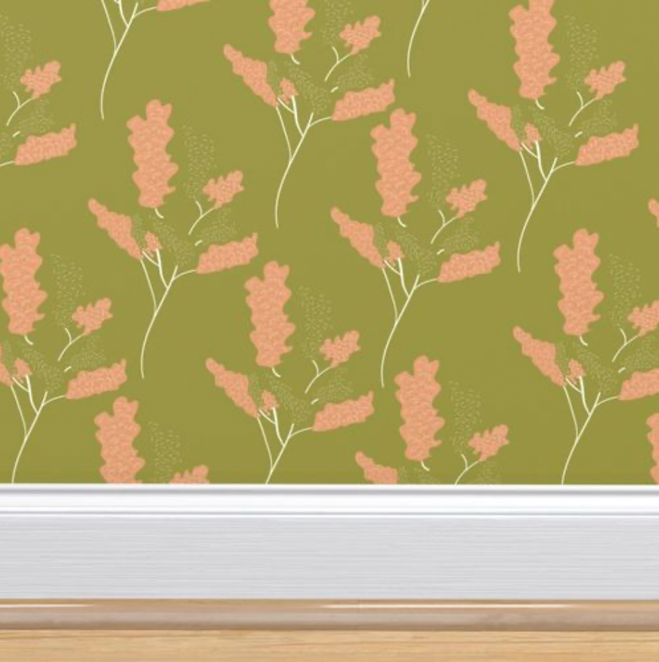 Wicker Park 03 Design - Green and Tangerine Orange Floral Wallpaper