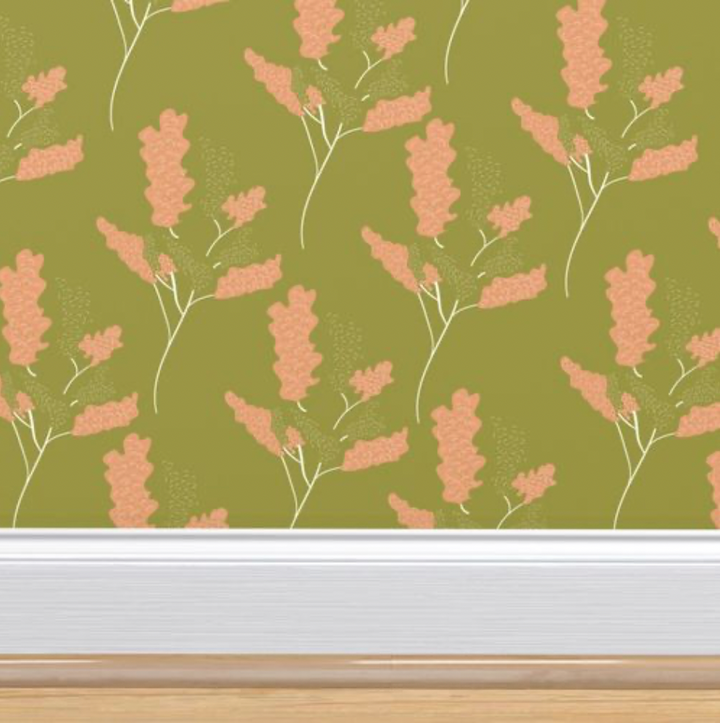 Wicker Park 03 Design - Green and Tangerine Orange Floral Wallpaper