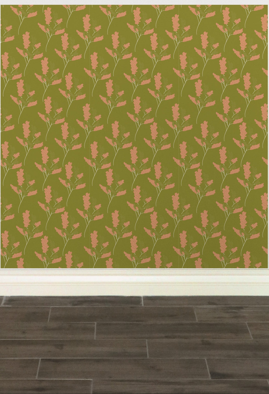 Wicker Park 03 Design - Green and Tangerine Orange Floral Wallpaper