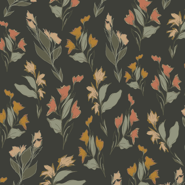 Green wallpaper with coral, amber, cream floral motifs on dark background.