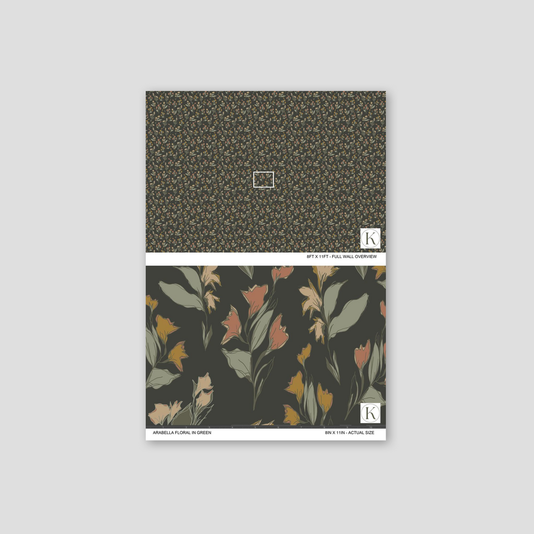 Arabella Floral wallpaper with coral, amber flowers on green background sample.
