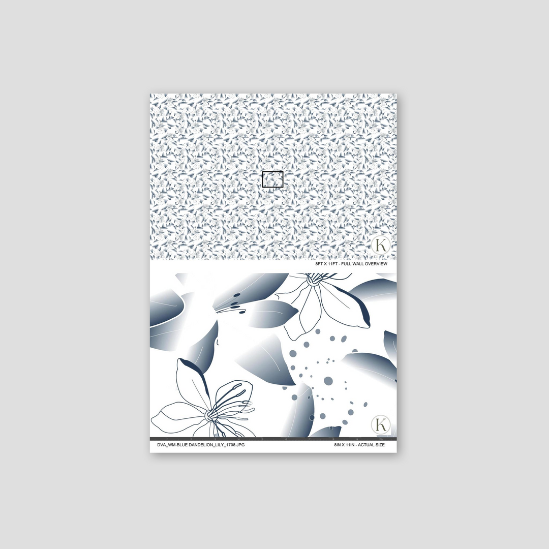 Blue dandelion and lily floral wallpaper with abstract pattern on white background.