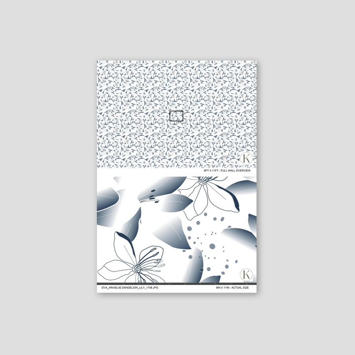 Blue dandelion and lily floral wallpaper with abstract pattern on white background.