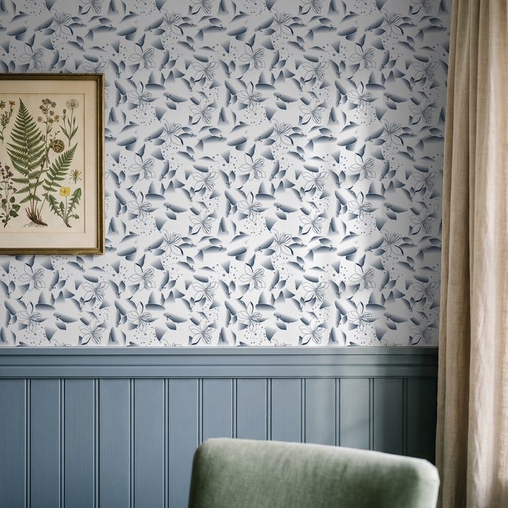 Blue dandelion and lily floral wallpaper in a serene living room setting.