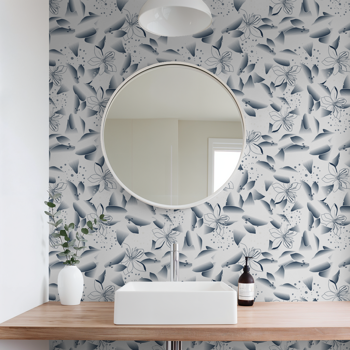 Blue dandelion and lily floral wallpaper in modern bathroom with round mirror.