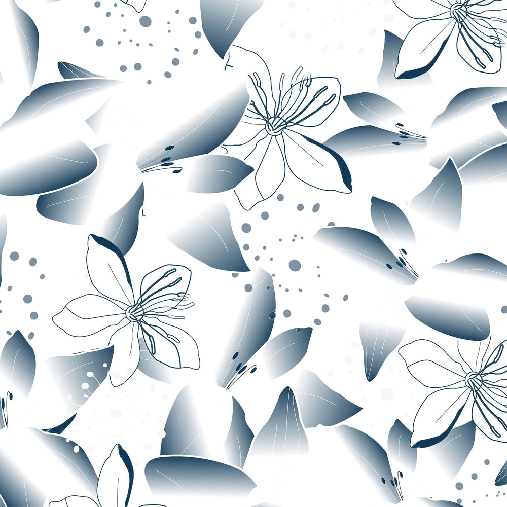Blue dandelion and lily floral wallpaper with gradient blues on white background.