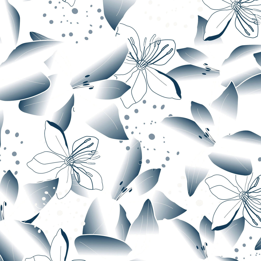 Blue dandelion and lily floral wallpaper with gradient blues on white background.