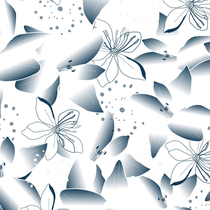 Blue dandelion and lily floral wallpaper with gradient blues on white background.