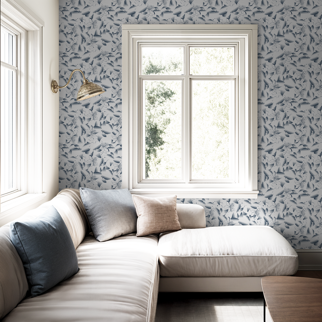 Blue dandelion and lily wallpaper in a bright living room with white sofa.