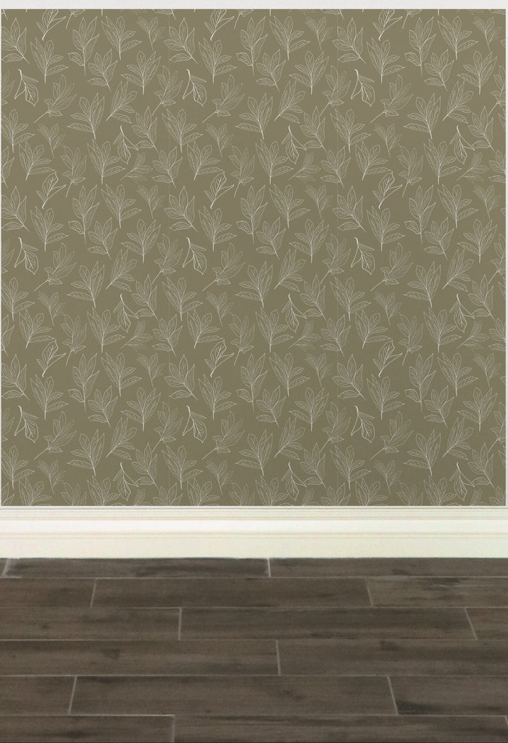 White and Olive Green Peony Leaves Design 04 Peel and Stick Removable Wallpaper
