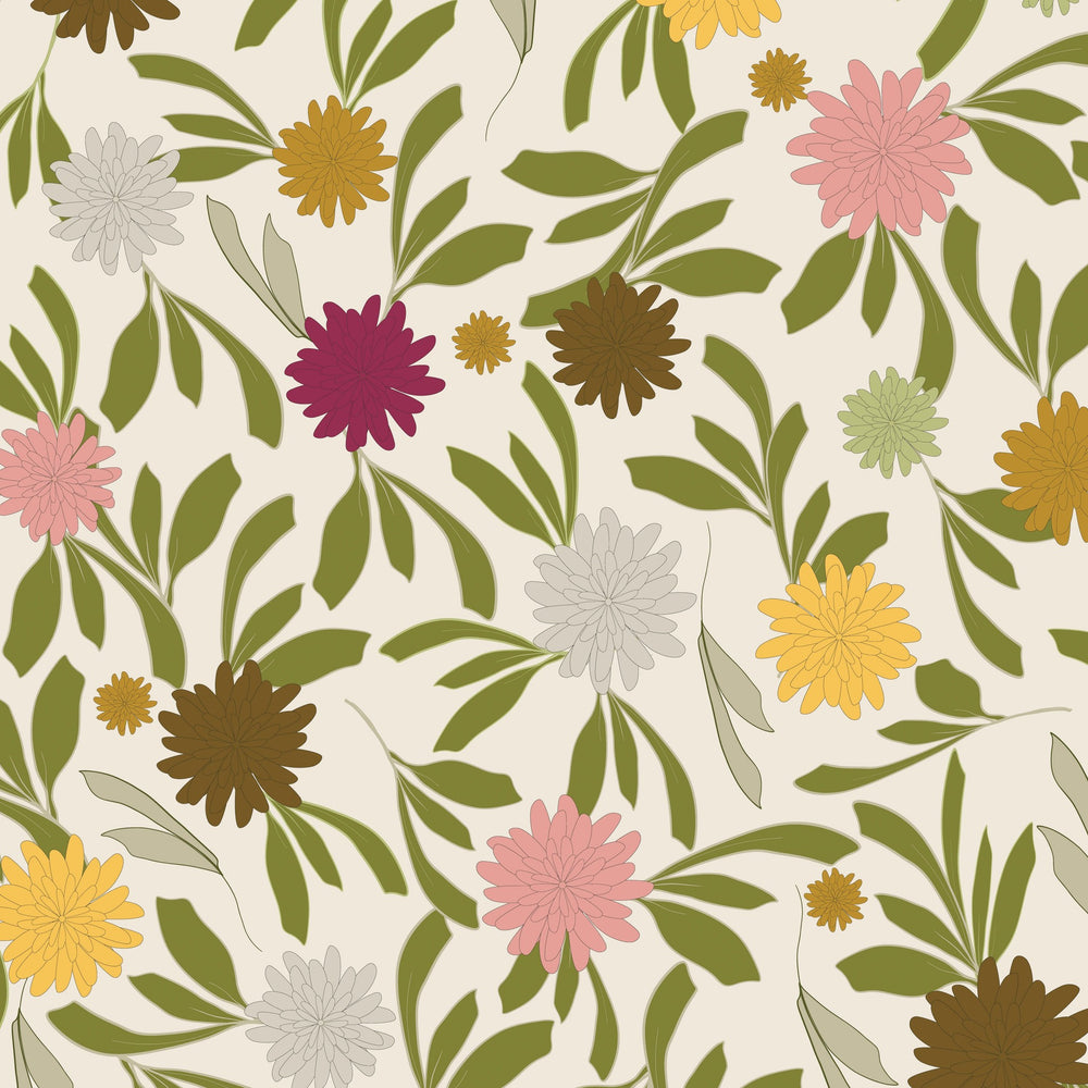 Floral wallpaper with burgundy, blush, yellow marigolds and green leaves on cream background.