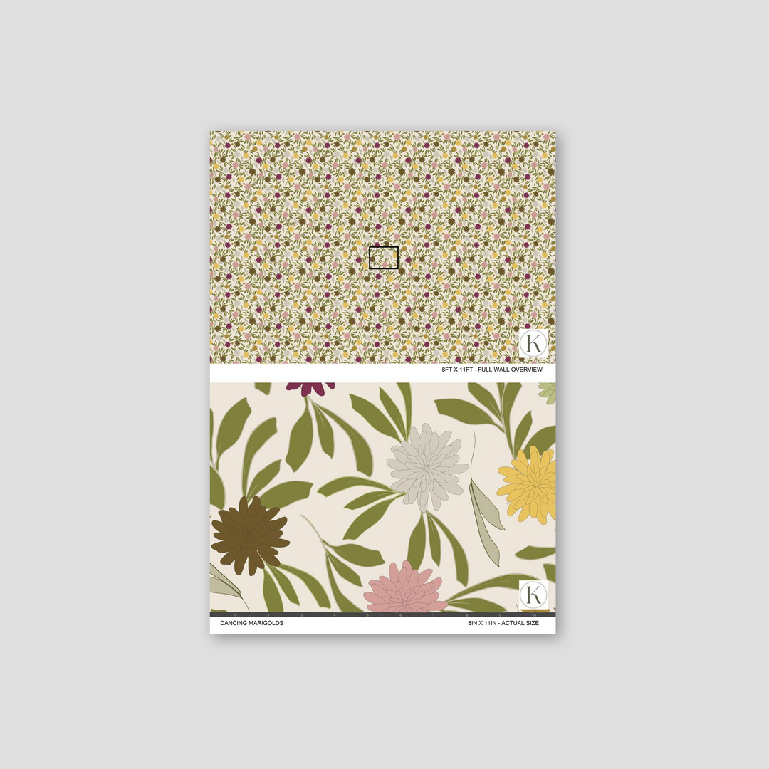 Floral wallpaper with burgundy, blush, yellow marigolds and green leaves on cream background sample
