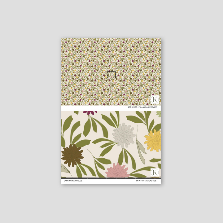 Floral wallpaper with burgundy, blush, yellow marigolds and green leaves on cream background sample