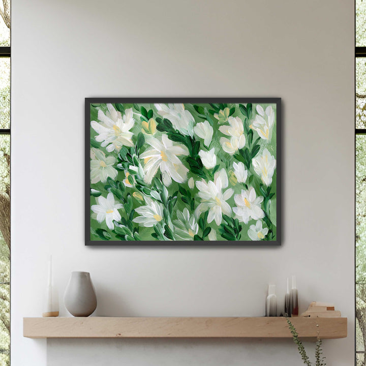 White Blooms on Sage 1 - Wall Art Print & Canvas