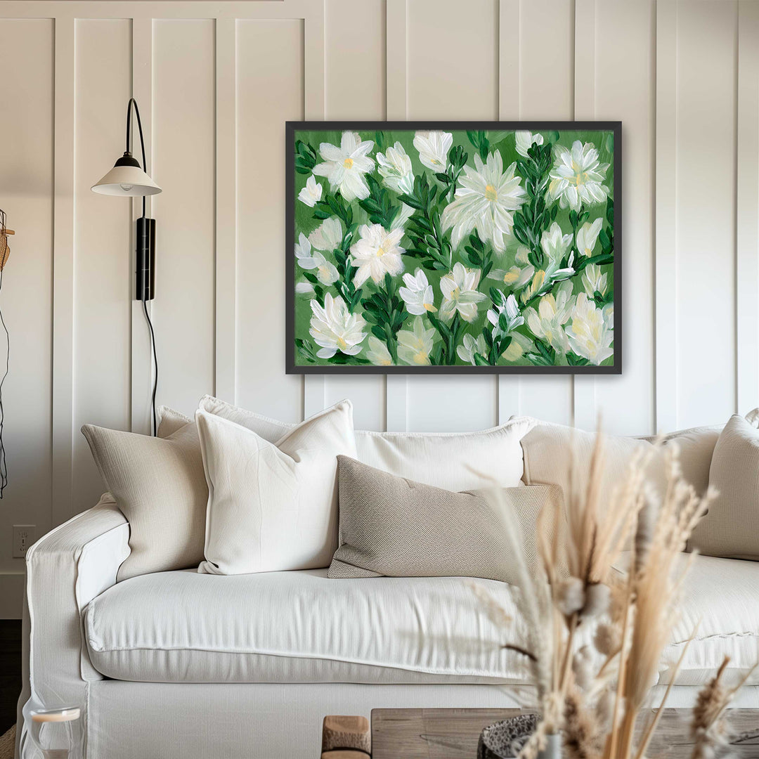 White Blooms on Sage 2 - Wall Art Print & Canvas