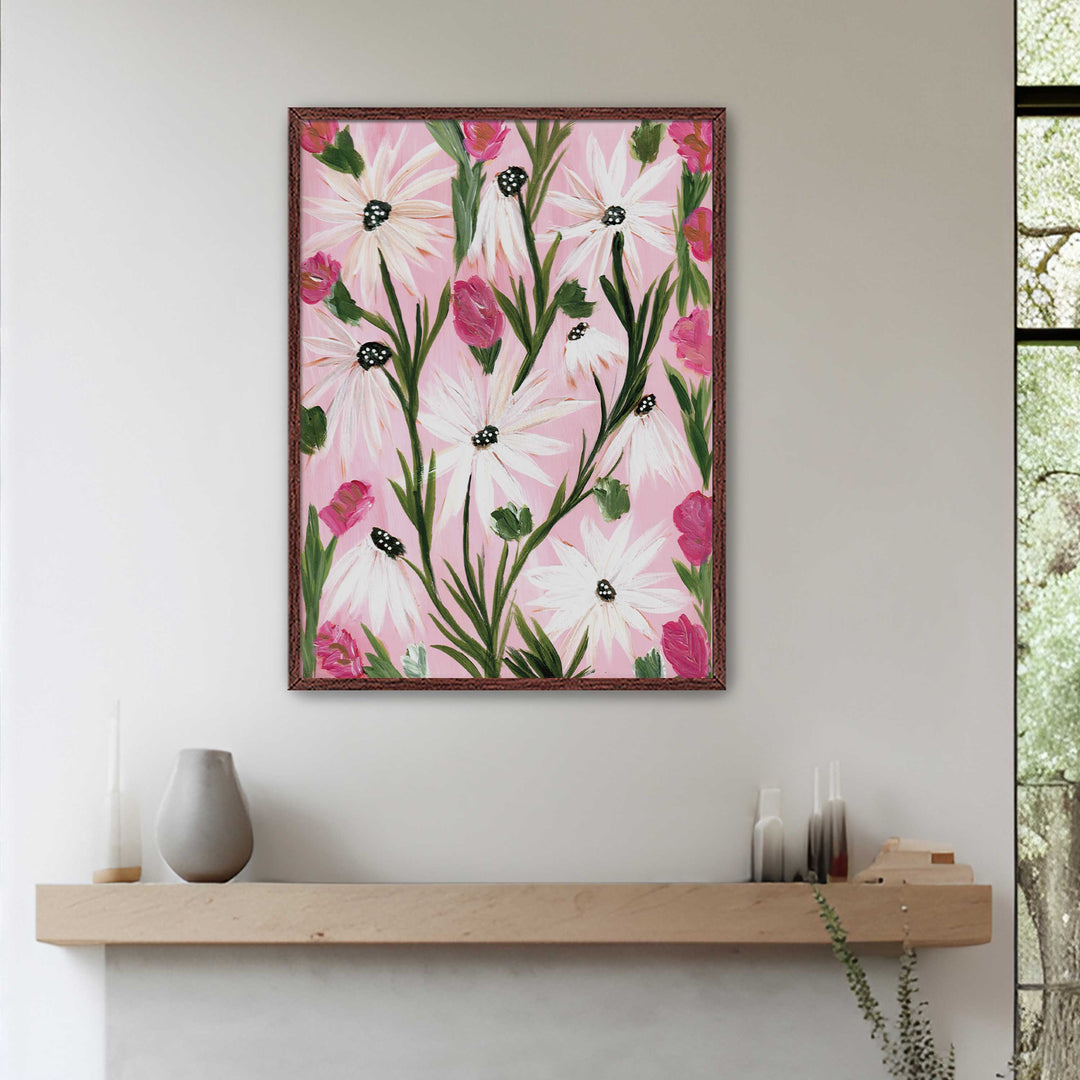 Blushing Daisy Garden - Floral Wall Art Print and Canvas