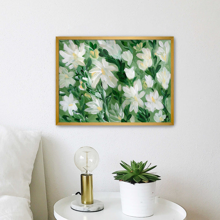 White Blooms on Sage 1 - Wall Art Print & Canvas