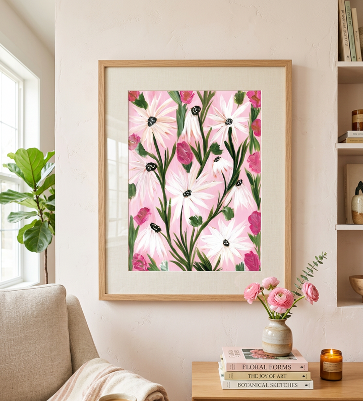 Blushing Daisy Garden - Floral Wall Art Print and Canvas