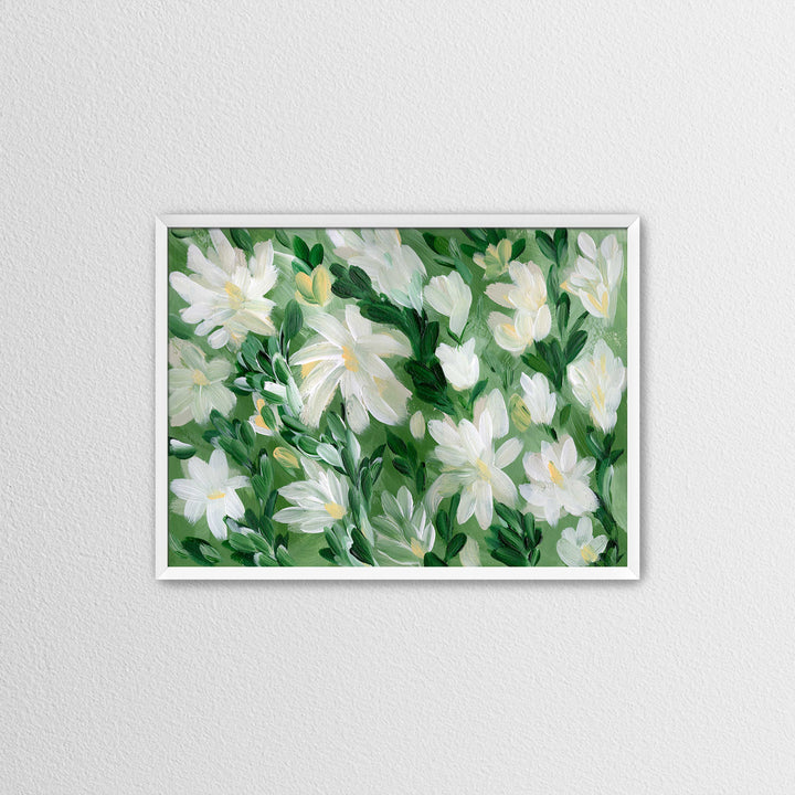 White Blooms on Sage 1 - Wall Art Print & Canvas