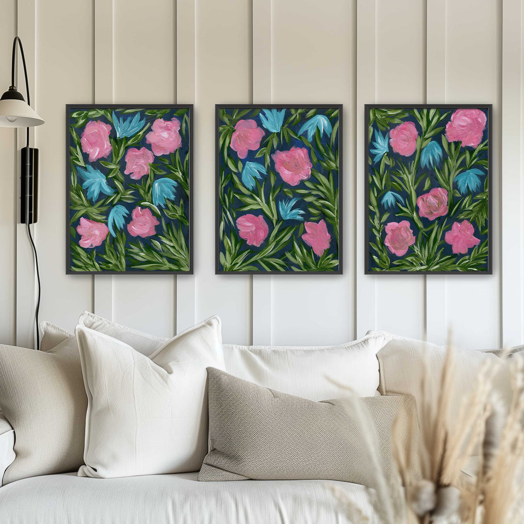 Meadow Midnight Waltz - Set of 3 Floral Wall Art Prints and Canvases