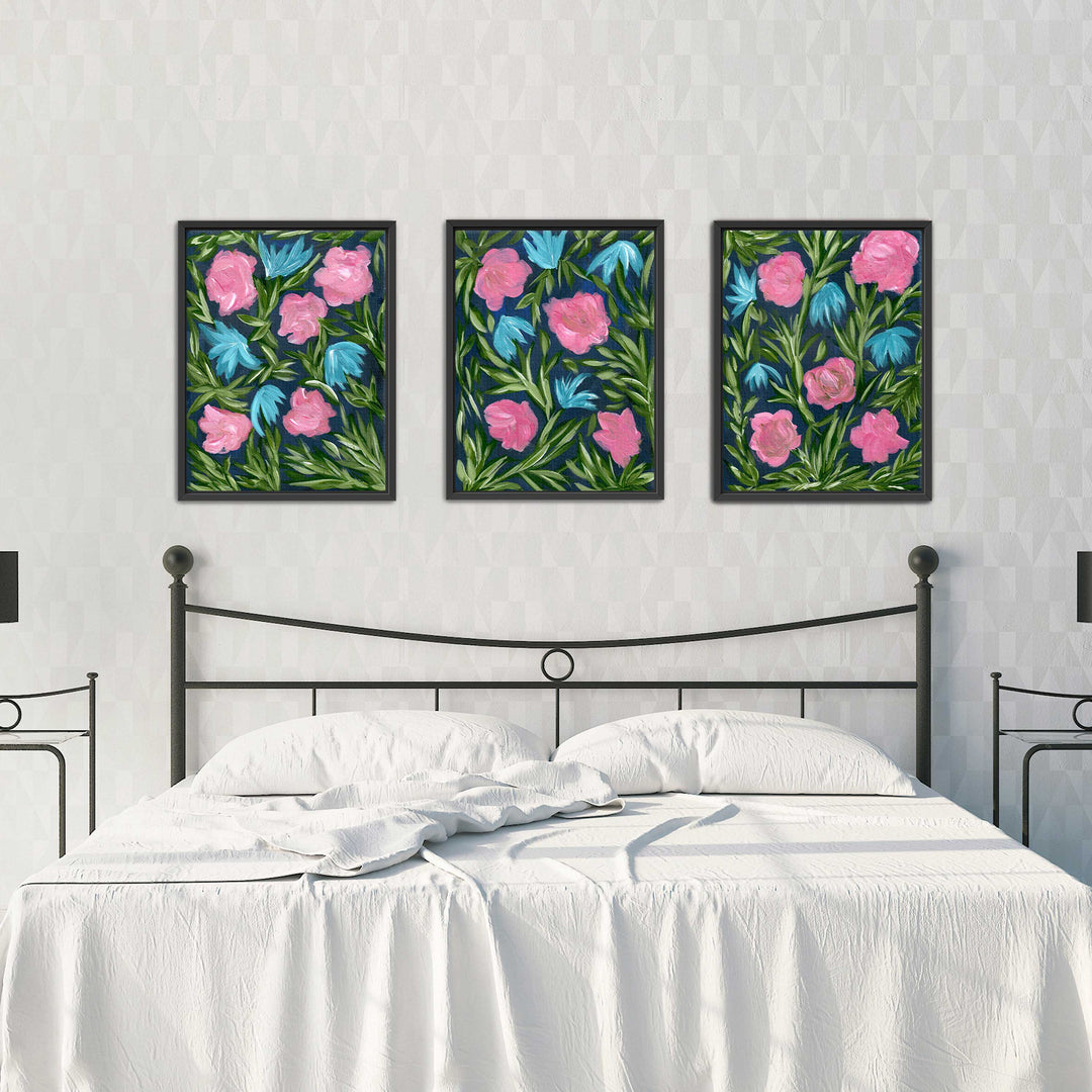 Meadow Midnight Waltz - Set of 3 Floral Wall Art Prints and Canvases