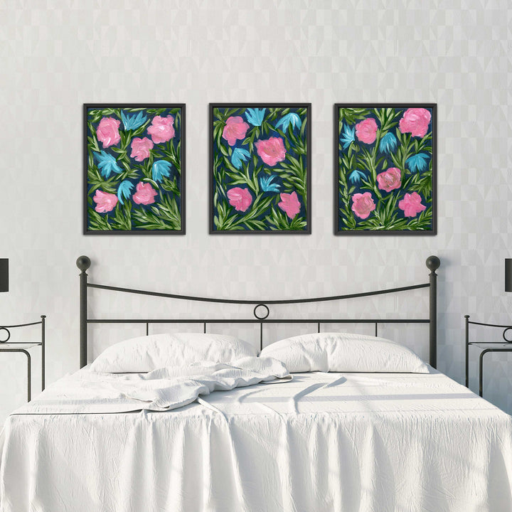 Meadow Midnight Waltz - Set of 3 Floral Wall Art Prints and Canvases