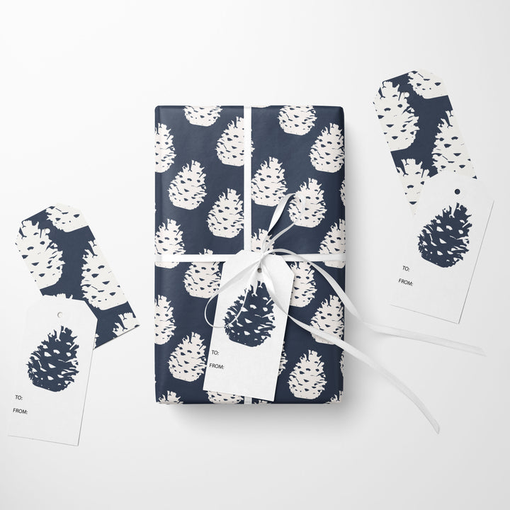 White Pinecones Wrapping Paper & Gift Tag Bundle Set