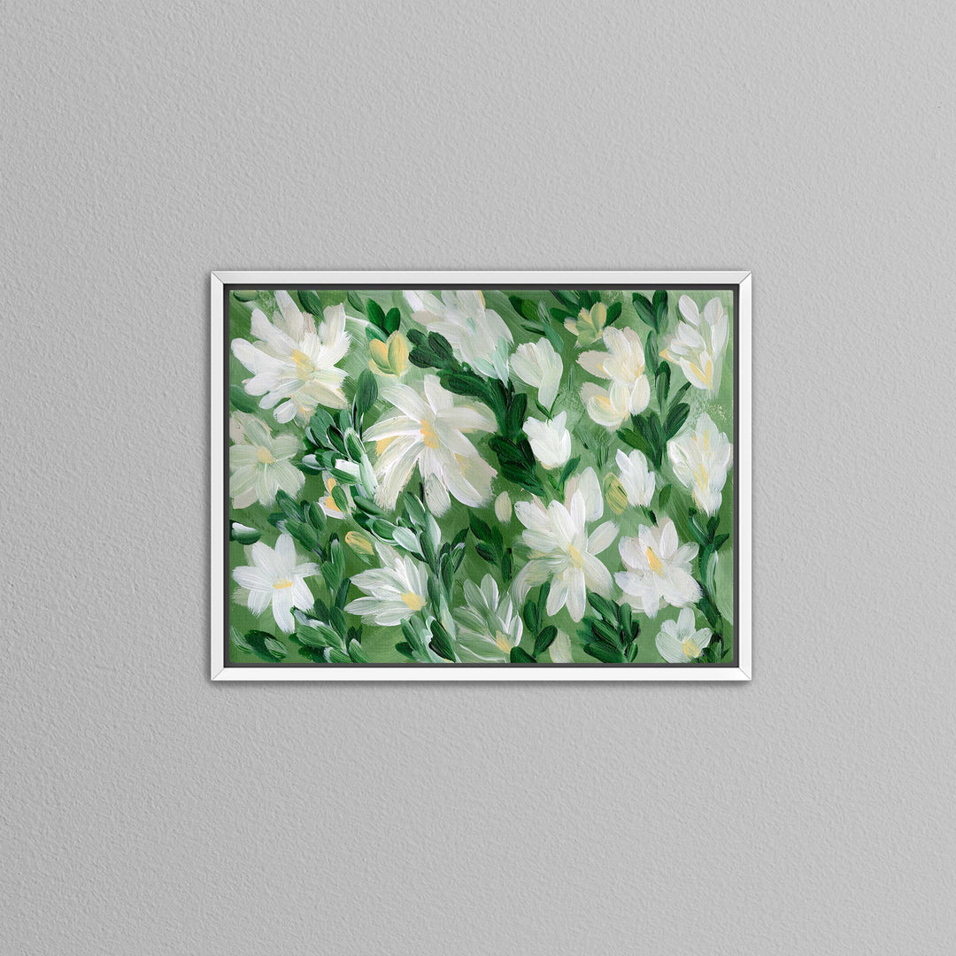 White Blooms on Sage 1 - Wall Art Print & Canvas