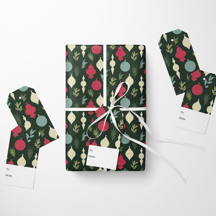 Dark Green Christmas Ornaments Wrapping Paper & Gift Tag Bundle Set
