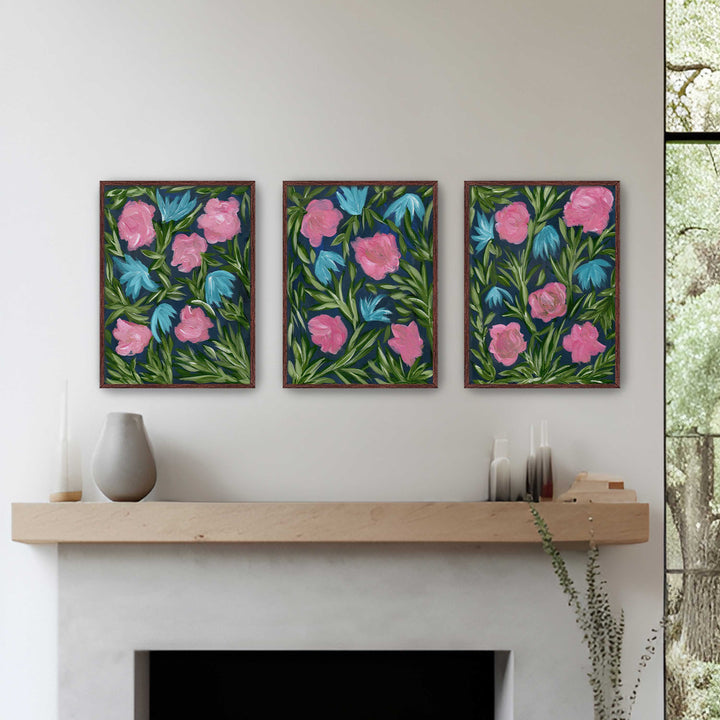 Meadow Midnight Waltz - Set of 3 Floral Wall Art Prints and Canvases