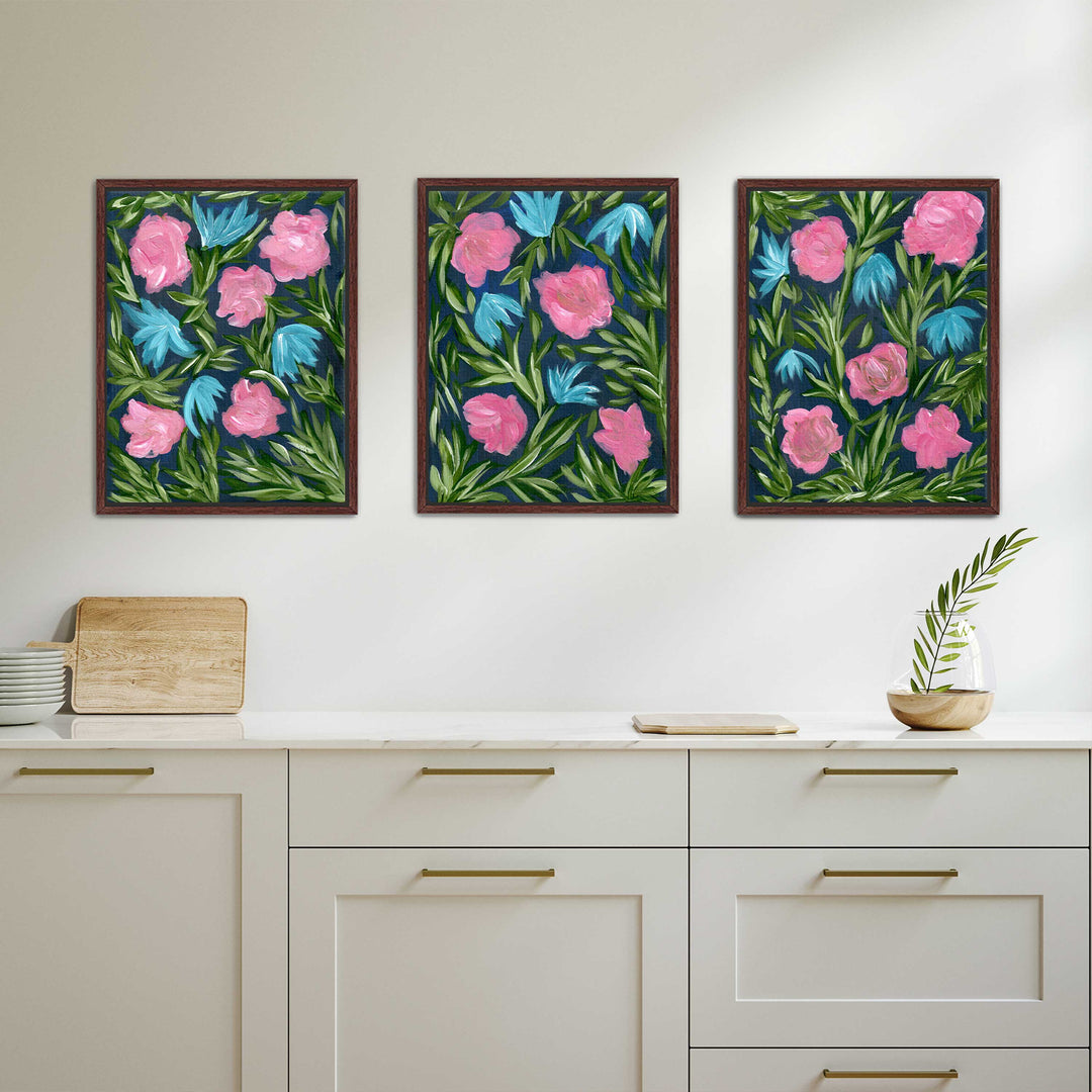 Meadow Midnight Waltz - Set of 3 Floral Wall Art Prints and Canvases