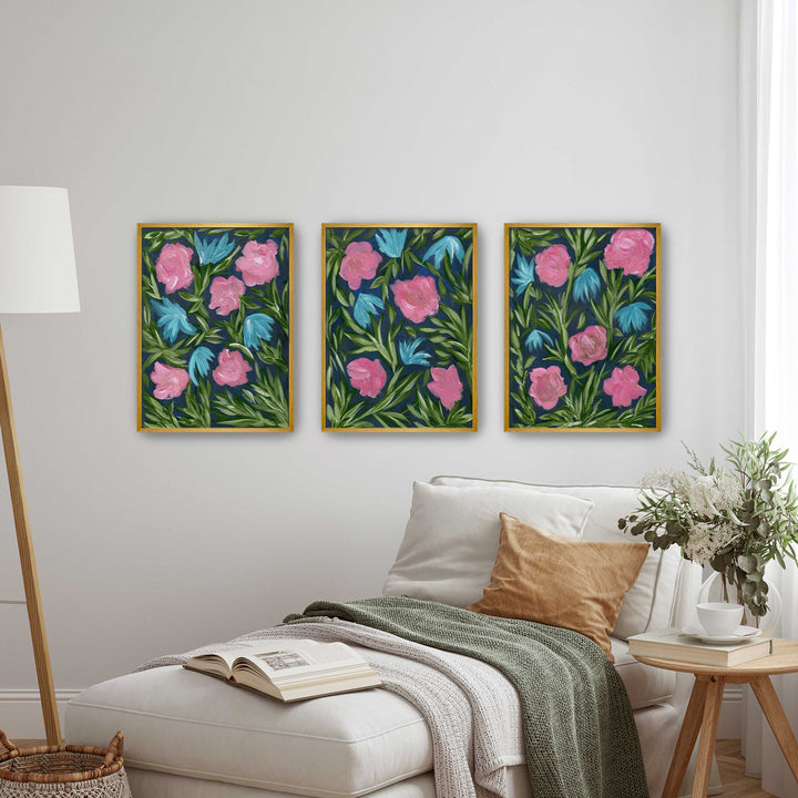 Meadow Midnight Waltz - Set of 3 Floral Wall Art Prints and Canvases