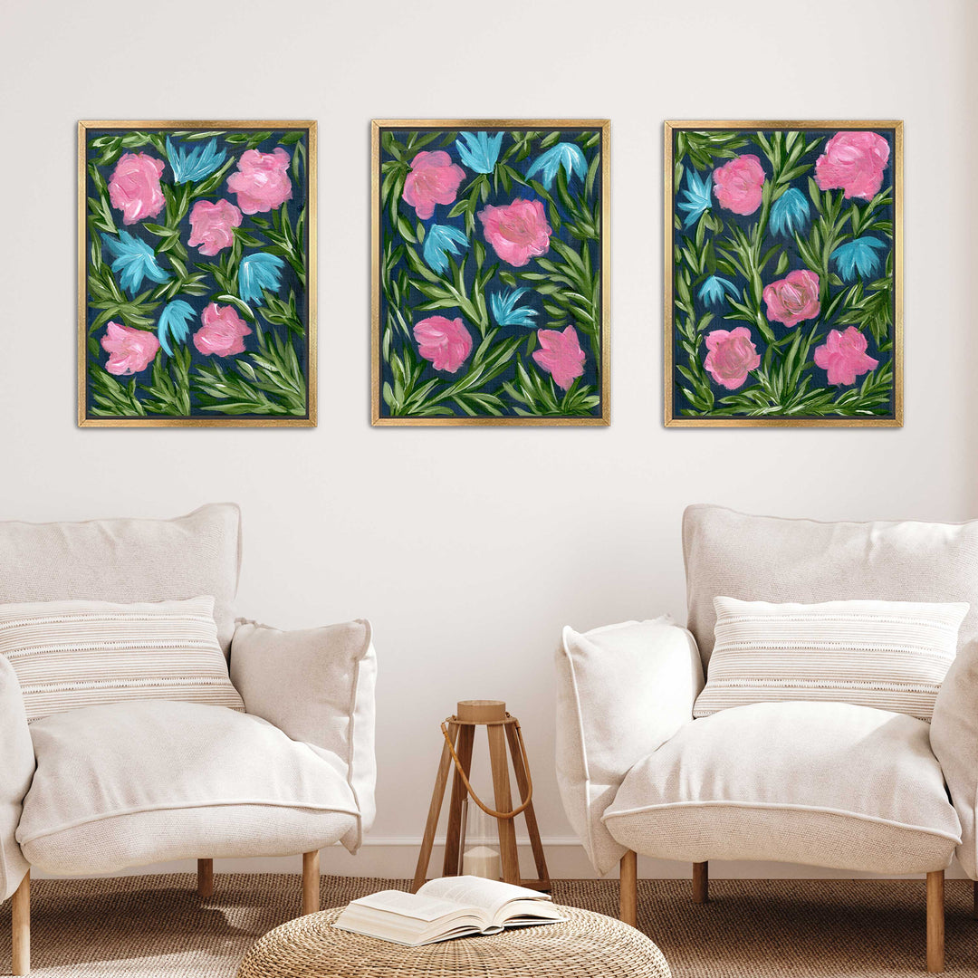 Meadow Midnight Waltz - Set of 3 Floral Wall Art Prints and Canvases