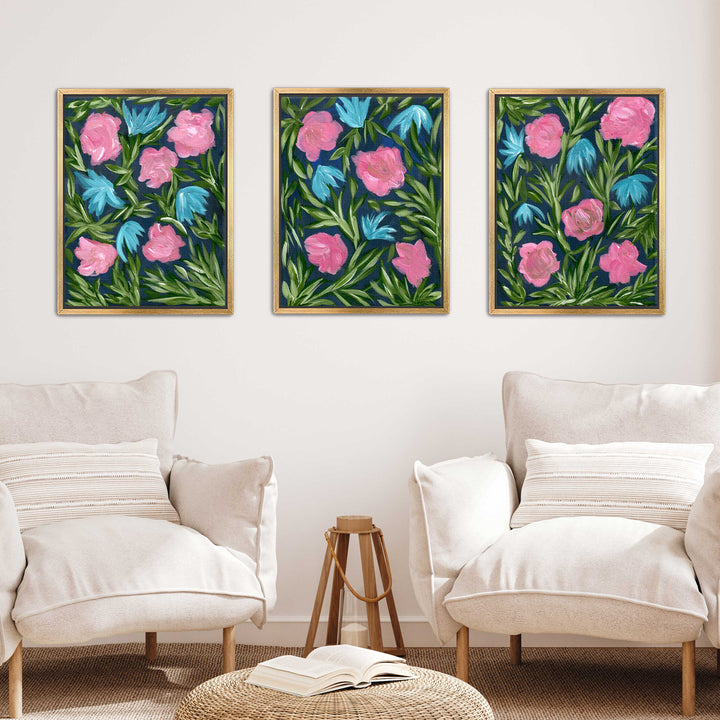 Meadow Midnight Waltz - Set of 3 Floral Wall Art Prints and Canvases