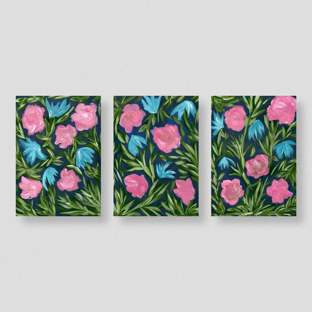 Meadow Midnight Waltz - Set of 3 Floral Wall Art Prints and Canvases