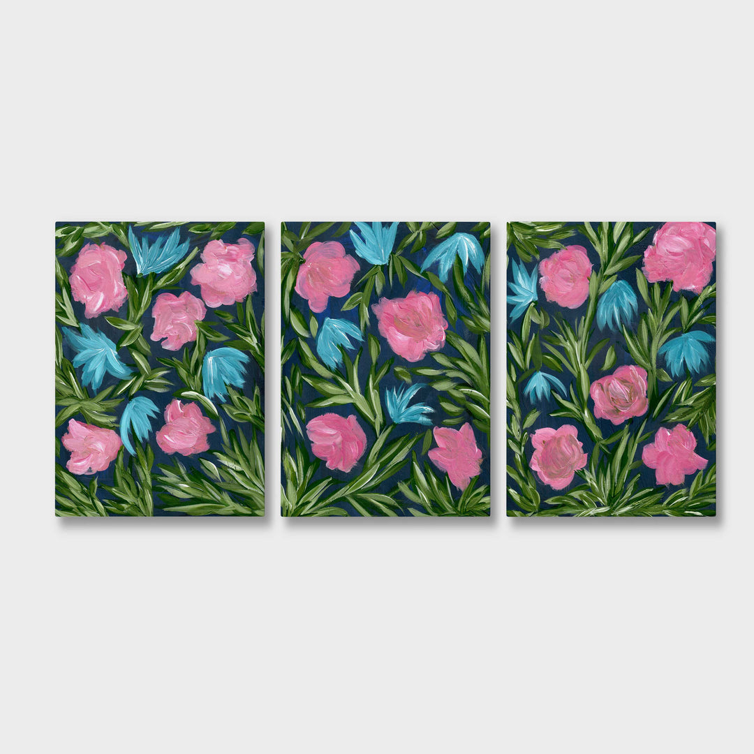 Meadow Midnight Waltz - Set of 3 Floral Wall Art Prints and Canvases