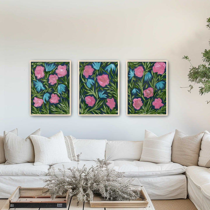 Meadow Midnight Waltz - Set of 3 Floral Wall Art Prints and Canvases
