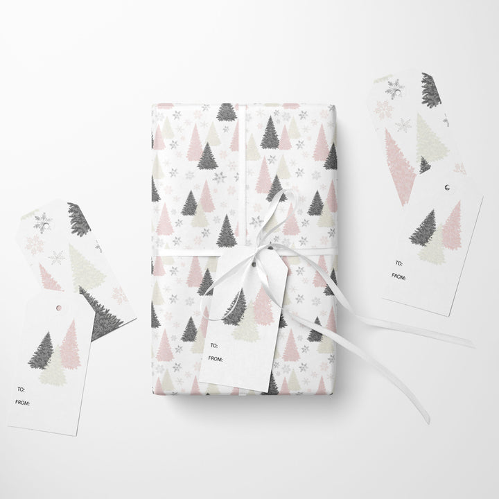 Snowflake Trees in White Wrapping Paper & Gift Tags Bundle Set