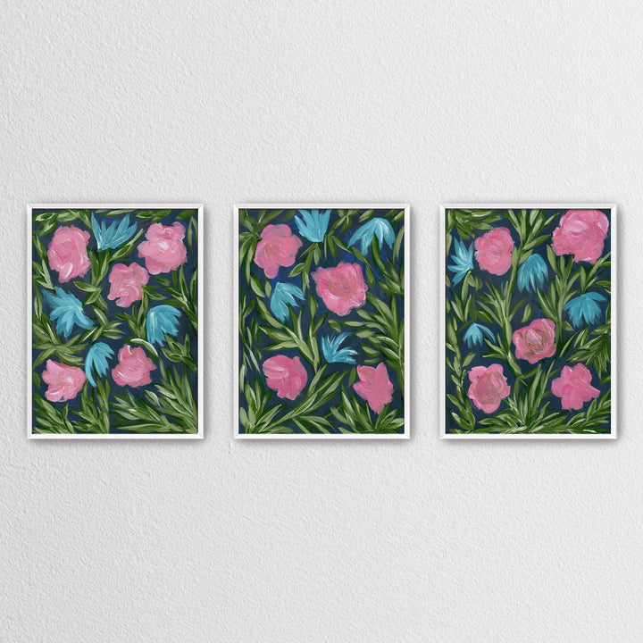 Meadow Midnight Waltz - Set of 3 Floral Wall Art Prints and Canvases