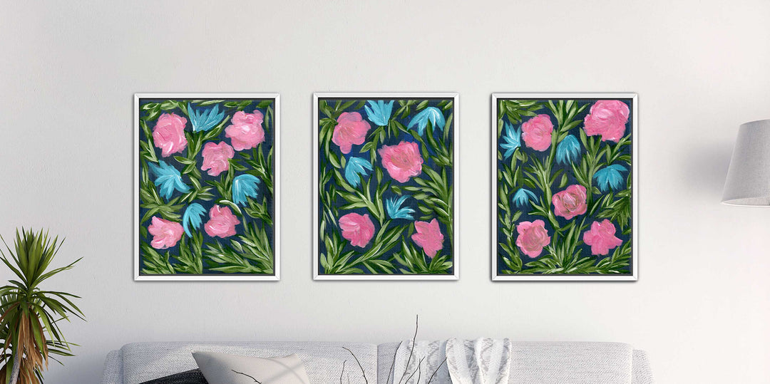 Meadow Midnight Waltz - Set of 3 Floral Wall Art Prints and Canvases