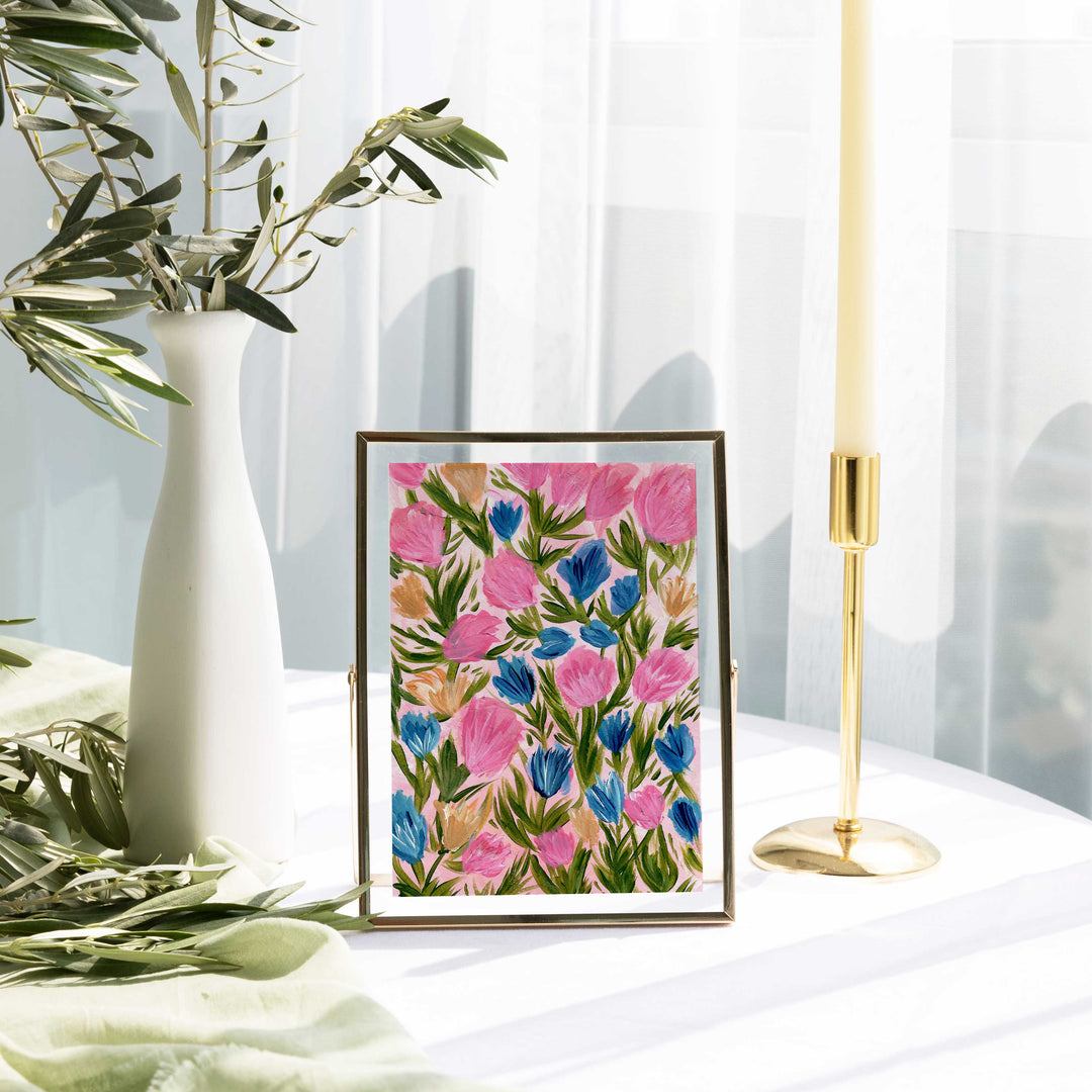 Wildflower Waltz Pink & Blue Floral Art Print
