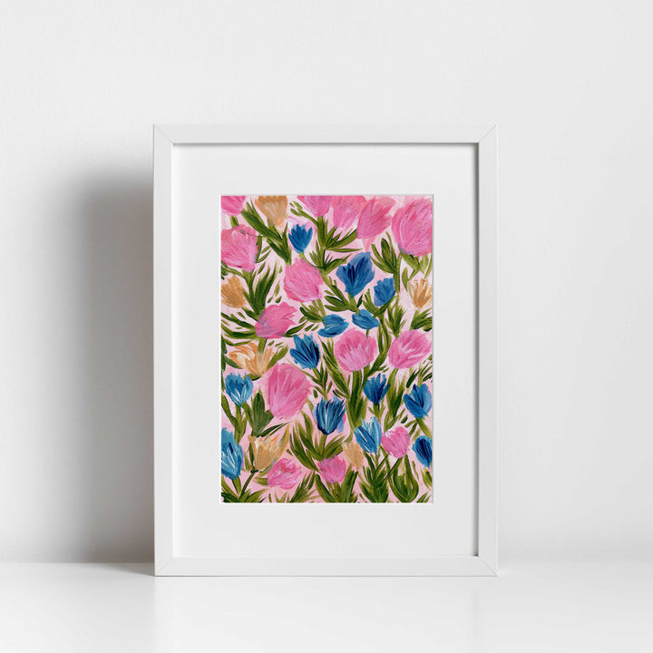 Wildflower Waltz Pink & Blue Floral Art Print