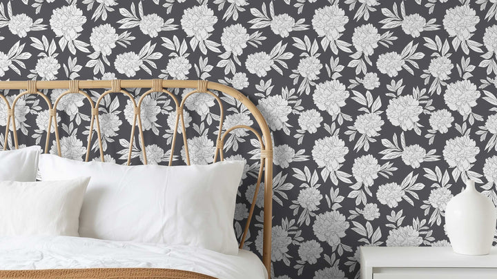 Steel Gray & White Peonies Floral Wallpaper